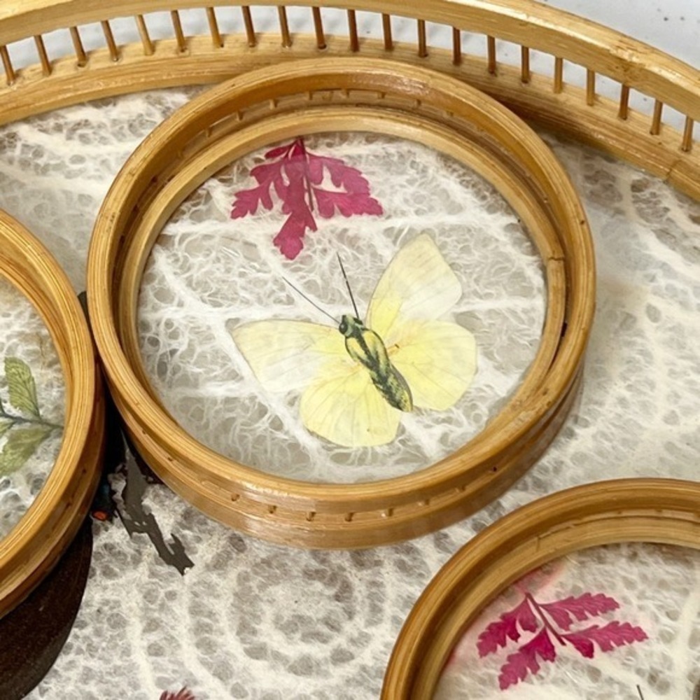 Vintage MCM‎ Pressed Butterfly Bamboo Tray & Coaster Set 6 Pieces - Picture 4 of 13